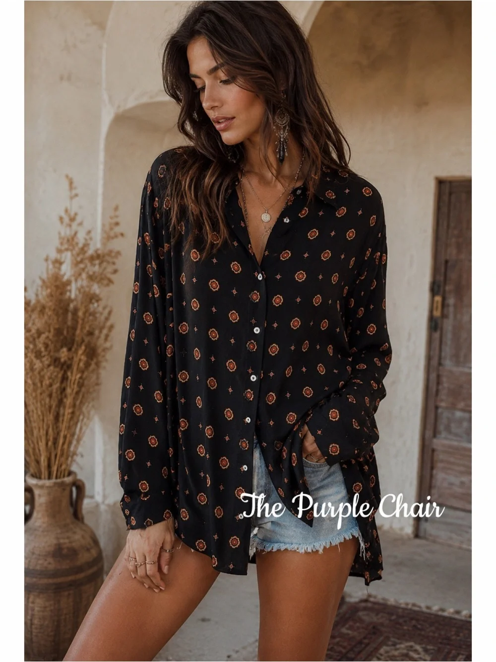 FREE PEOPLE NWT Long Sleeve Printed Button Down Shirt M